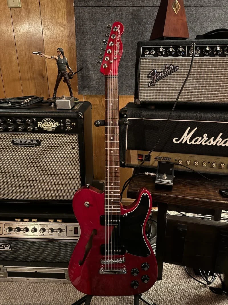 Red Fender electric guitar and Fender amplifiers available at Hunt The Sound