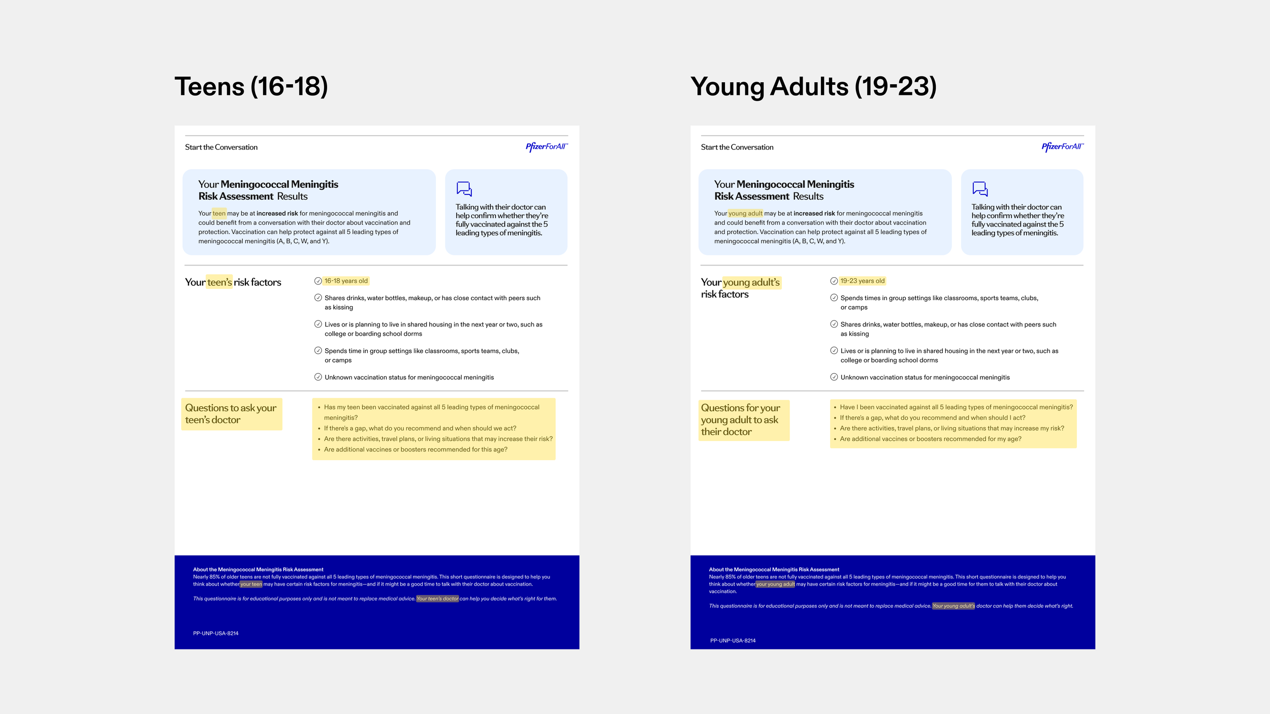 Two versions of the downloadable doctor discussion guide PDF side by side, labeled 'Teens (16-18)' and 'Young Adults (19-23),' each showing a risk summary, checklist, and suggested questions to ask a doctor.