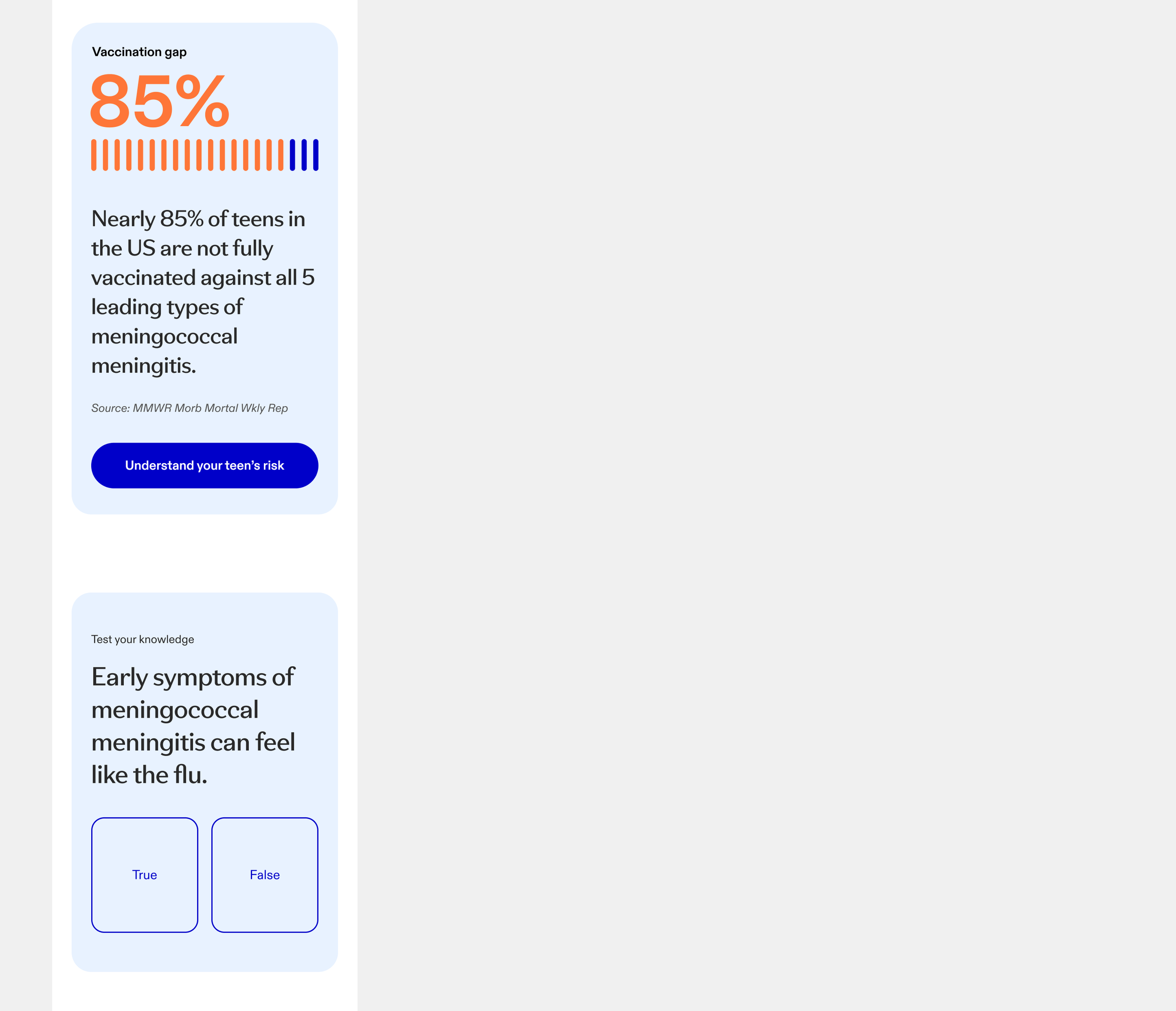 Overview page section showing the 85%-of-teens vaccination gap statistic used as a hook into the quiz, a True/False knowledge check about meningitis symptoms resembling the flu