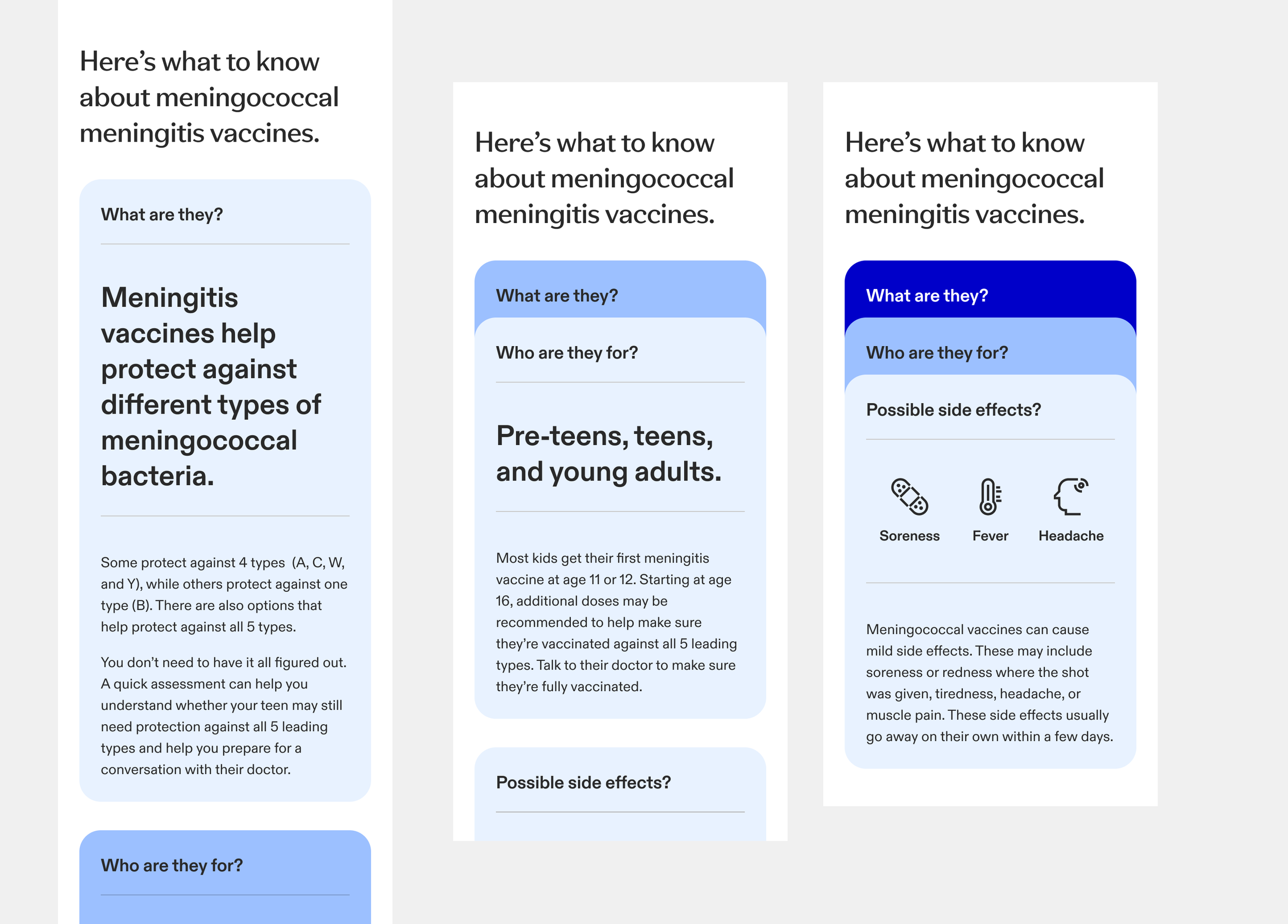 Continued vaccine information cards noting that some vaccines cover only a few meningococcal bacteria types while others cover all five.