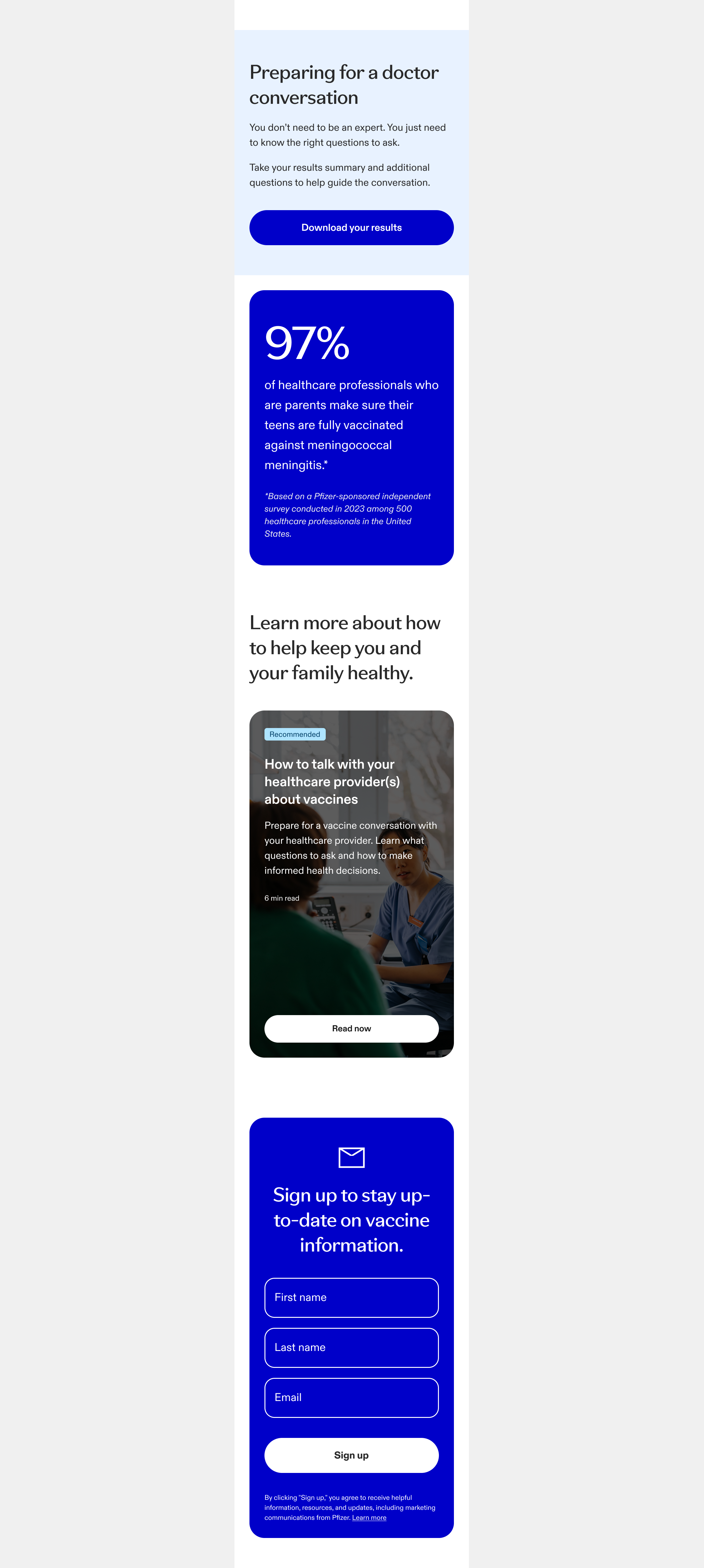 Lower results page sections: a 'Preparing for a doctor conversation' module, a callout stat that 97% of healthcare professionals fully vaccinate their teens, a featured article on talking to a healthcare provider, and an email signup module.