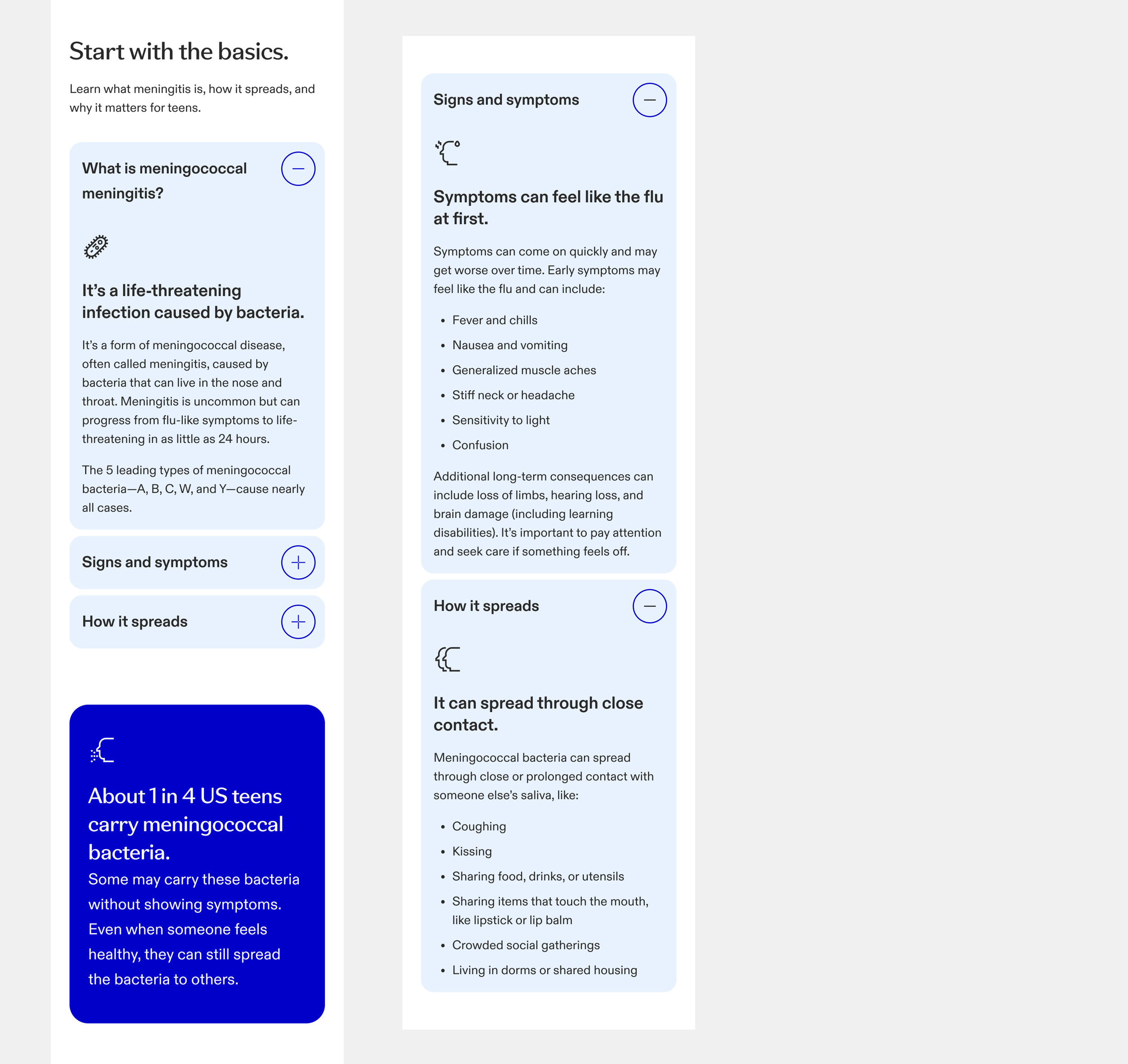 Overview page 'start with the basics' accordion block with the first card expanded, plus a callout stat that about 1 in 4 US teens carry meningococcal bacteria.
