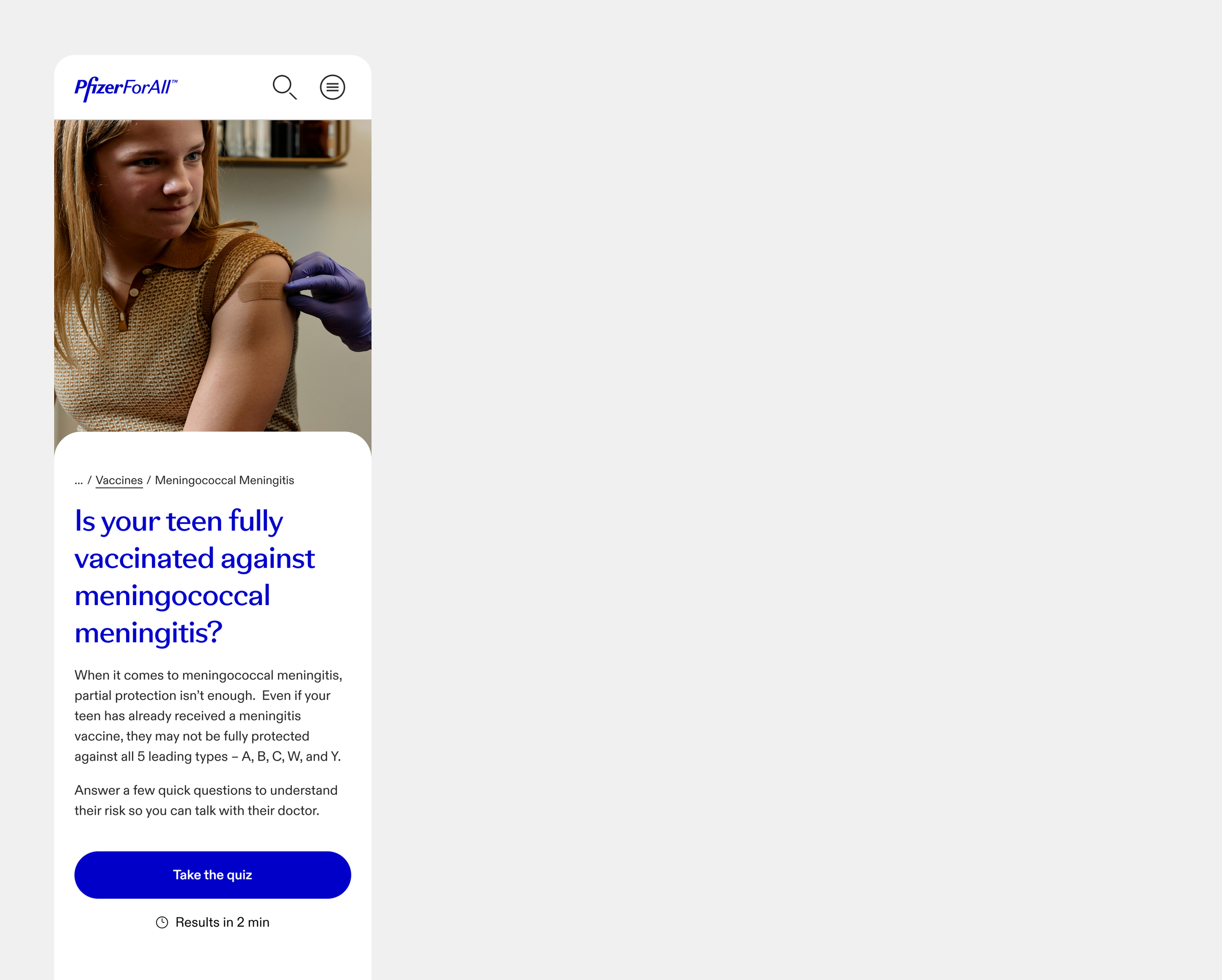 Vaccine overview page hero asking 'Is your teen fully vaccinated against meningococcal meningitis?' with a call-to-action button into the risk assessment and a 'results in 2 minutes' label.
