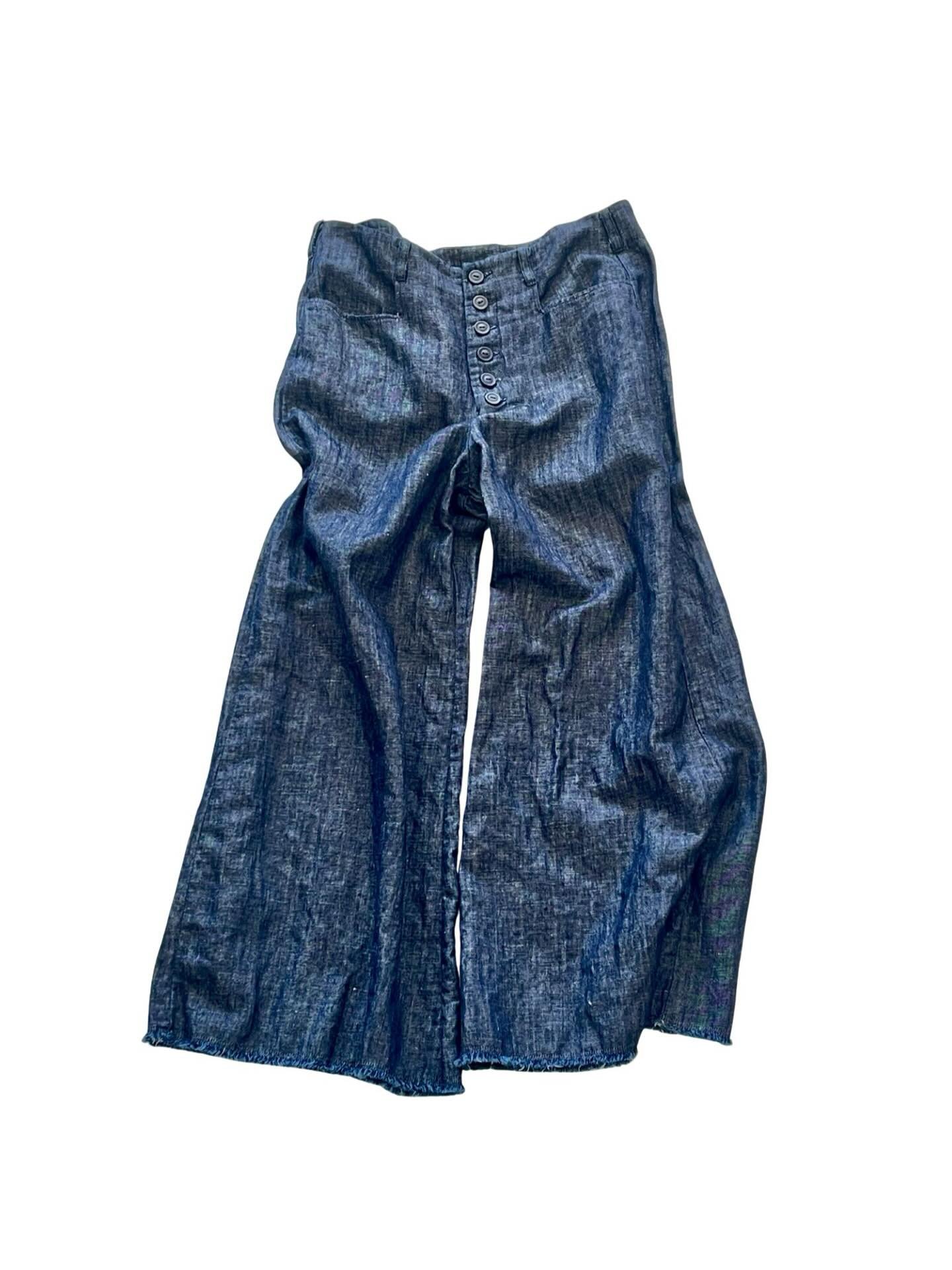 RILEY PANT in denim cotton linen blend.  Sizes small, medium &amp; large. Great multi button fly feature. 
  RILEY SHIRT in a navy stripe linen, also in sizes small, medium &amp; large. 
Both available online. 
All garments are easy wear, easy care!
