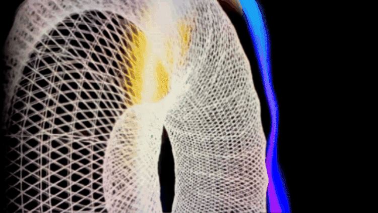 toroidal mesh field zoom inward to center with prismatic horizon light and words in center saying gather unconditional humans