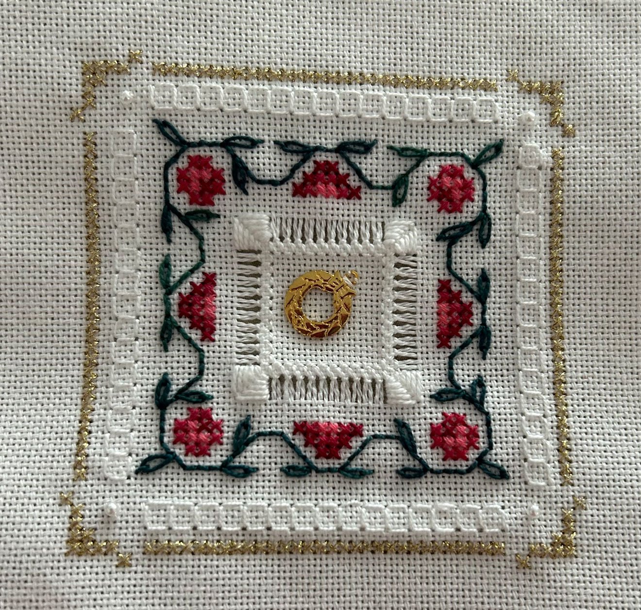 Christmas Floral featuring Pulled Satin Stitch & Hemstitch