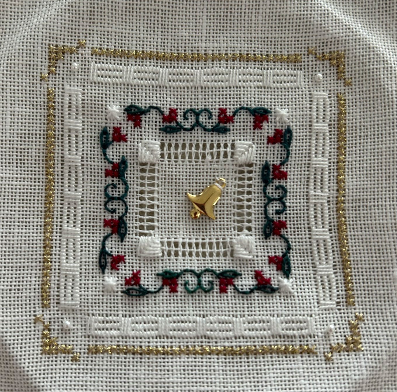 Tudor Rose featuring Four Sided Pulled Stitch & Hemstitch
