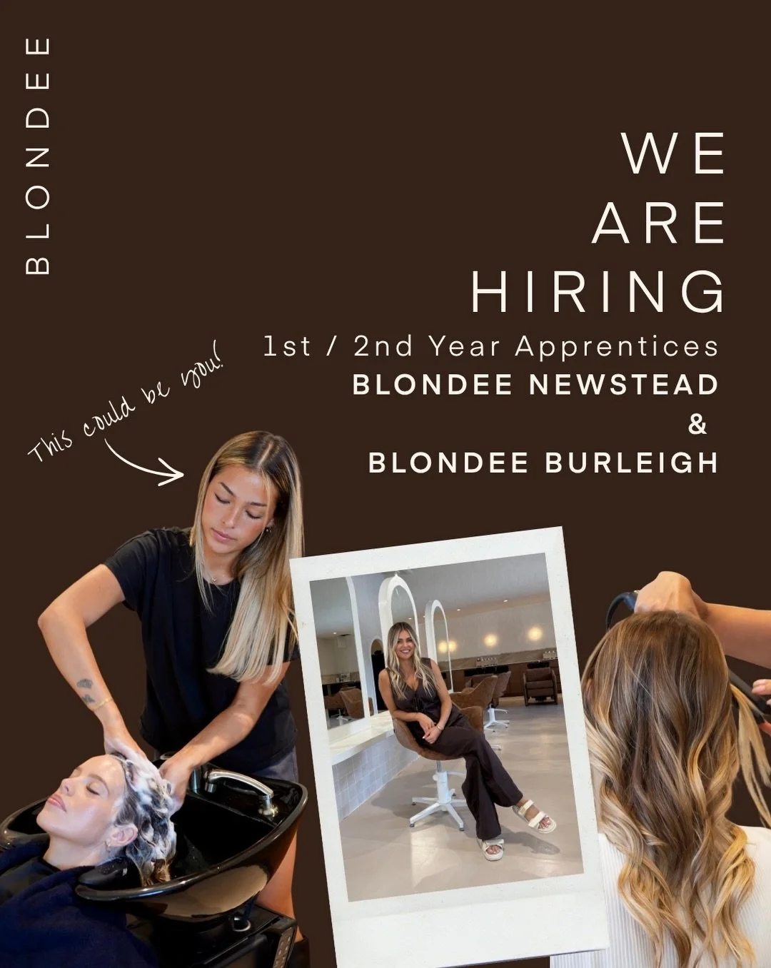 CALLING ALL BRISBANE AND GOLD COAST APPRENTICES ✨

A career at Blondee has all these things and more 🤎 

Applications close soon! Send us your resume and cover letter and tell us why you&rsquo;re the perfect fit for Blondee 💌