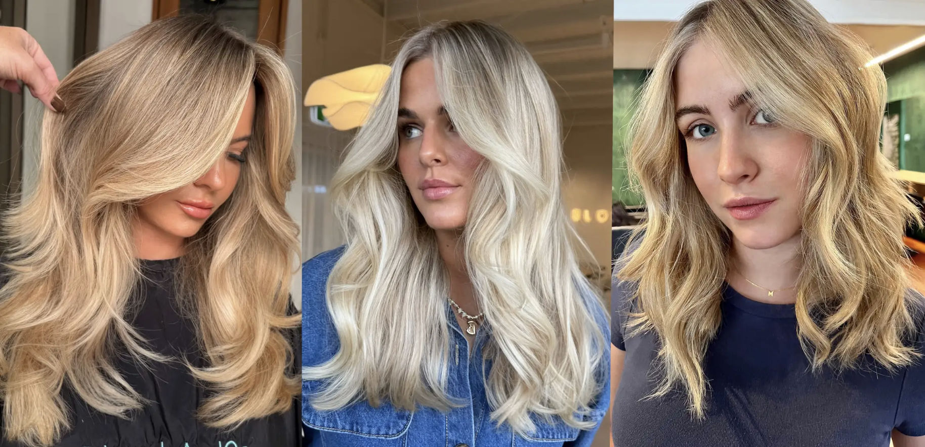 Collage of three women with blonde, styled hair. The woman on the left has long, loose blonde hair and is looking down. The woman in the middle has long, voluminous, wavy blonde hair and is looking to the side. The woman on the right has shoulder-length, wavy blonde hair and is looking directly at the camera.