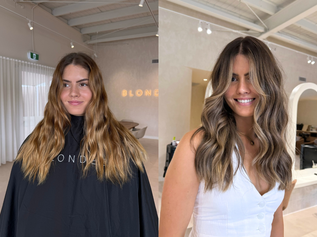 Side-by-side comparison showing a woman before and after a hairstyle transformation with wavy highlights.