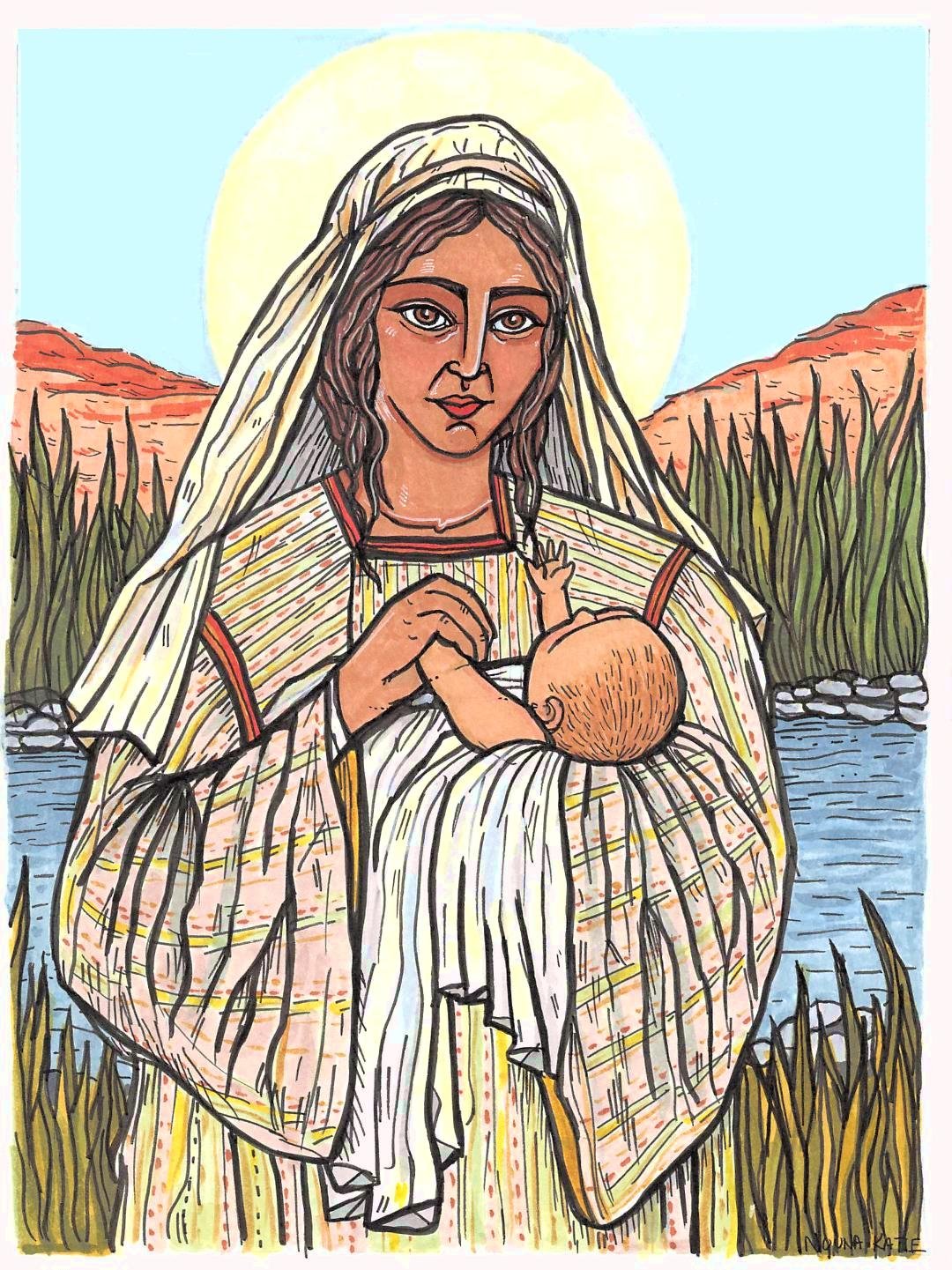 Blessed Yocheved of the Old Testament, pen and ink with alochol makers, 2021 (personal commission)