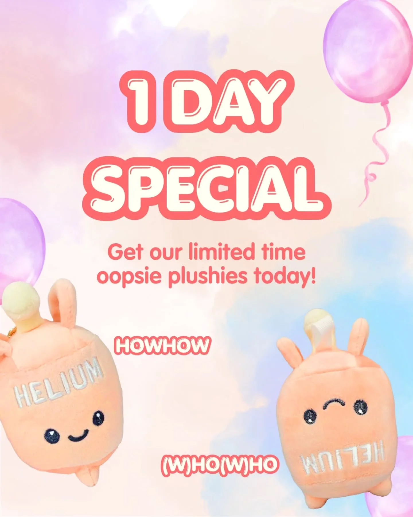🎉ONE DAY SPECIAL🎉

These oopsie plushies may come with some quirks, but they're still 100% lovable!🥰 

Available for one day only! Give these special plushies a new forever home today!

#aprilfools #skpcelebrationverse #skpsingapore #celebratewith