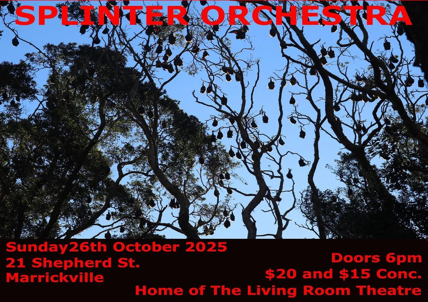 SPLINTER plays 21 Shepherd St, Marrickville.
(And maybe it plays us)
THIS SUNDAY October 26th 6pm&hellip; entry via Jabez St. 
2 sets
$20/$15
Kids welcome (free)
And no one turned away for lack of funds. 

 
📷 from our rehearsal last week 
@livingro