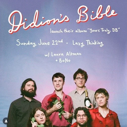 On Sunday 22nd June 2025 (tomorrow)
Will be playing a songs set, joined by specials guests, friends, musical kin Joseph Derrick, Melanie Herbert and Jameson Feakes. 
Doors 2:30pm, we&rsquo;re on at 3pm
Followed by BoNo and Didion&rsquo;s Bible!
Ticke