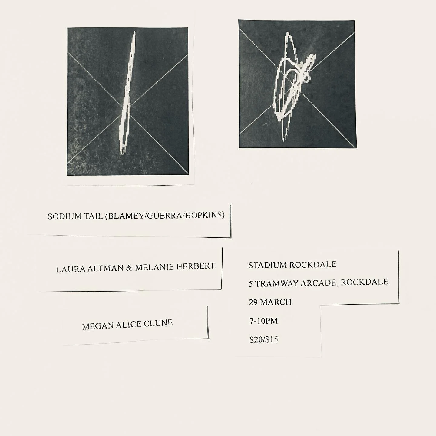 A cosy show coming up at Stadium Rockdale

Saturday 29th March 2025

✨Sodium Tail (Blamey/Guerra/Hopkins)
✨Laura Altman &amp; Melanie Herbert
✨Megan Alice Clune

$20/$15 on the door

Up some stairs &hellip; Level 1 
5 Tramway Arcade Rockdale