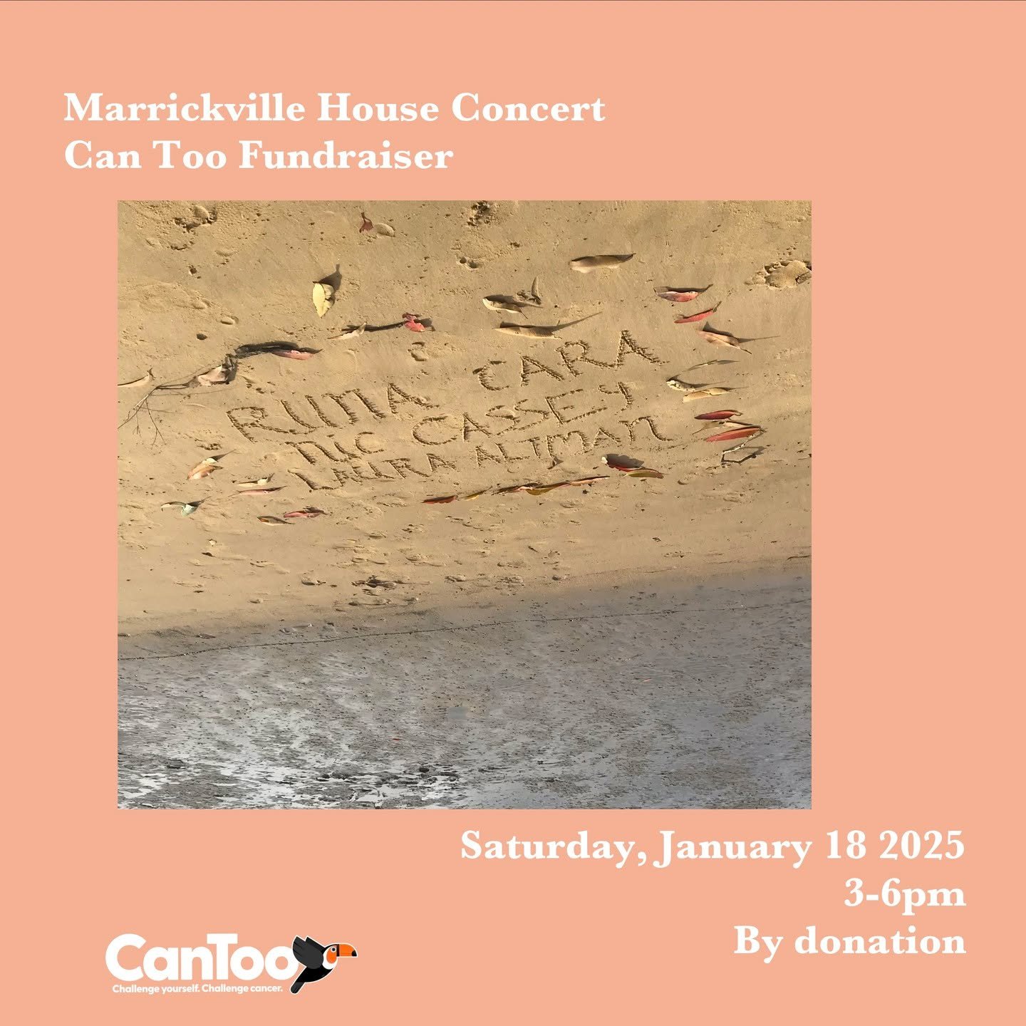 On the afternoon of Saturday January 18th, you're invited to attend special Marrickville house concert/fundraiser featuring:

RUNA CARA
NIC CASSEY
LAURA ALTMAN

Bookings essential: tickets from $25, with options to give more.

The event is in support