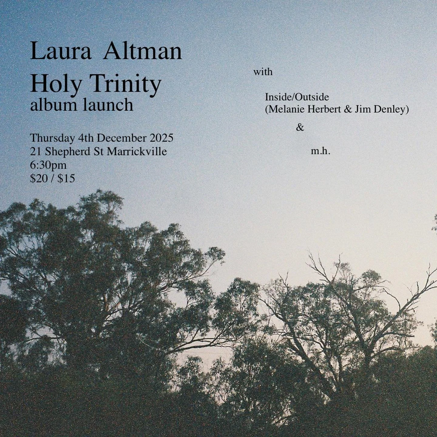 On Thursday, December 4th, 2025, there will be a launch for my *first* solo clarinet album &lsquo;Holy Trinity&rsquo;, releasing on Relative Pitch Records. 

With support from Inside/Outside (Jim Denley &amp; Melanie Herbert) and m.h. (Moss Hopkins)
