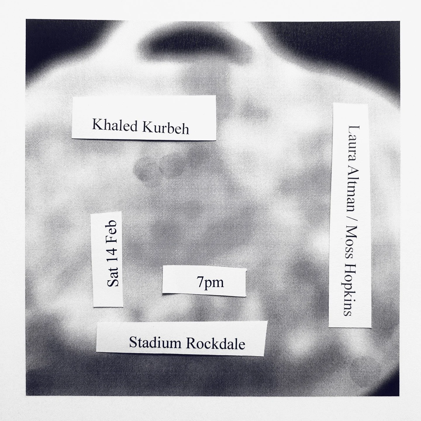 This Saturday 14 February 2026 at Stadium Rockdale:

✨ Khaled Kurbeh (piano, mallets, bells and objects)
✨ Laura Altman/Moss Hopkins (clarinet, tapes, objects/lyre, radio, objects)

3 sets:
1. Duo Laura/Moss
2. Solo Khaled
3. Trio Khaled/Laura/Moss

