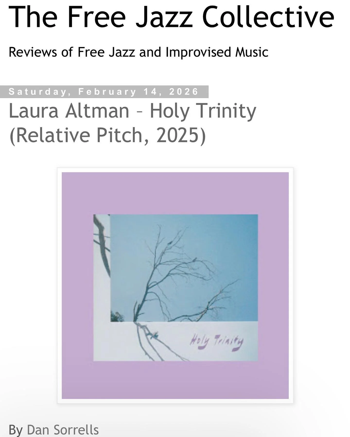 Review by Dan Sorrells of Holy Trinity for The Free Jazz Collective blog.

It means so much to me to know that folks are giving this album such attention and care in their listening. 

Cheers @dnsrrlls! 💜