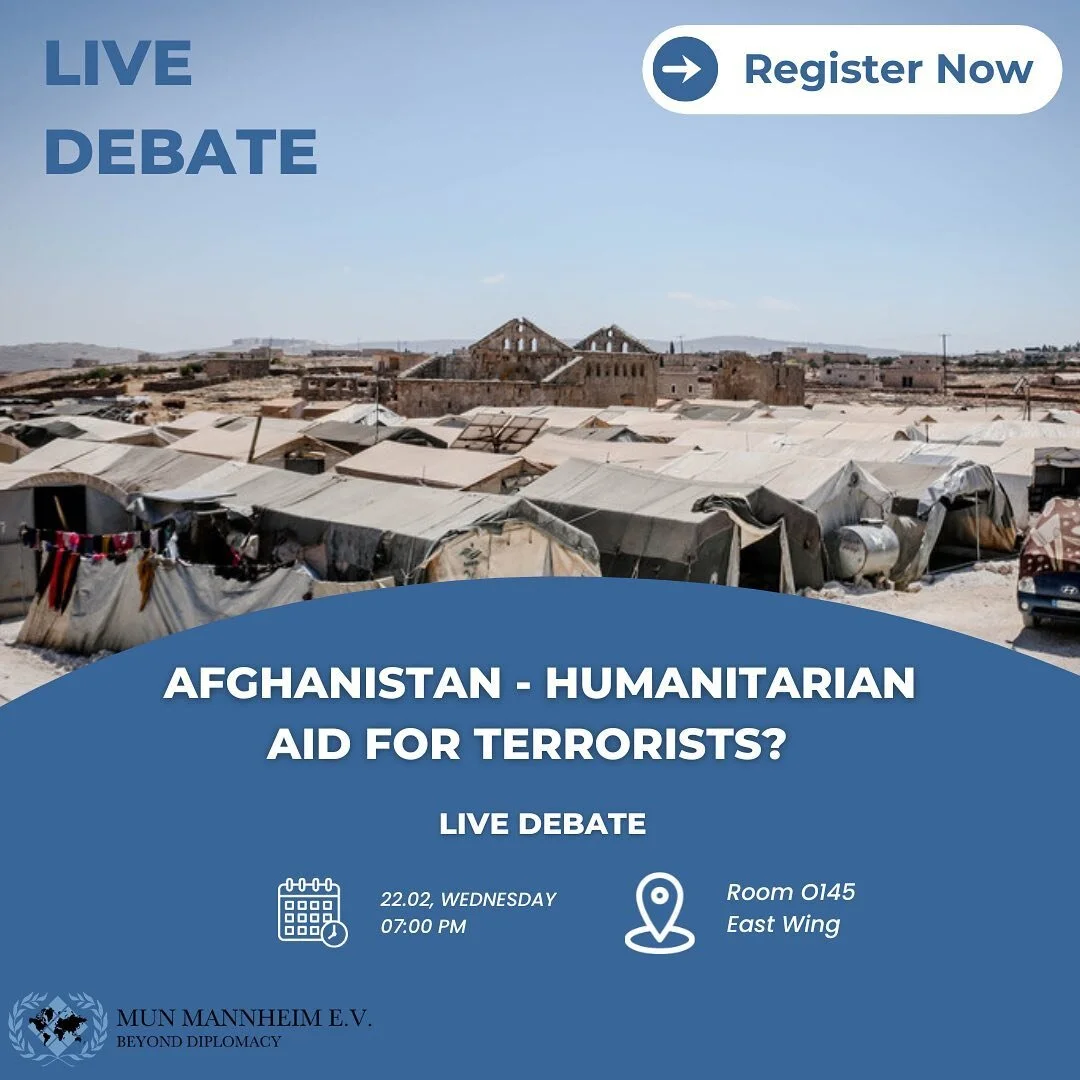 🔵⚪️We hope that you all had a great time at our first session of the semester , last week! After our first session was so successful, we are happy to present the topic for next week:

Afghanistan - humanitarian aid for terrorists? 

We have schedule
