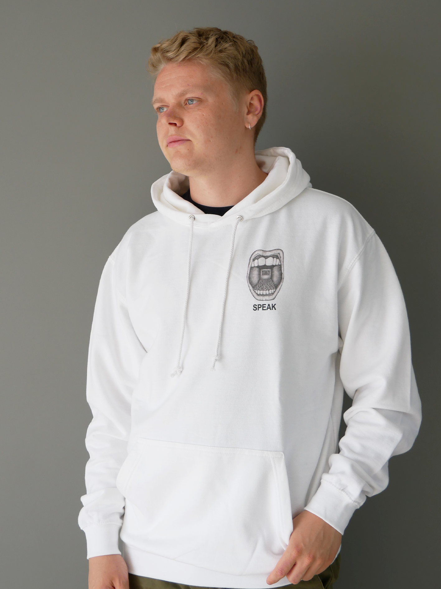 white hoodie with designs