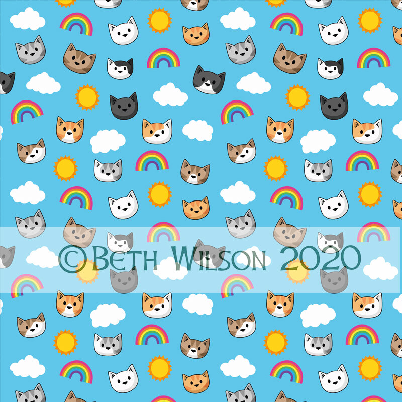 cat heads rainbows sunshine clouds pattern.jpeg