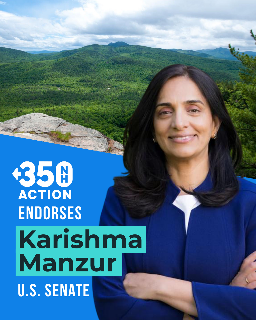 Photo of Karishma Manzur with the announcement 350NH Action endorsed her