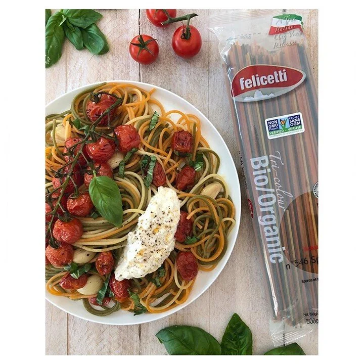 Go ahead, play with your food! Thank you @kitchenfairyblog for this inspired dish and photo featuring Felicetti Tri-colour Spaghetti. // Allez-y, jouez avec votre nourriture ! Merci &agrave; @kitchenfairyblog pour ce plat inspir&eacute; et cette phot