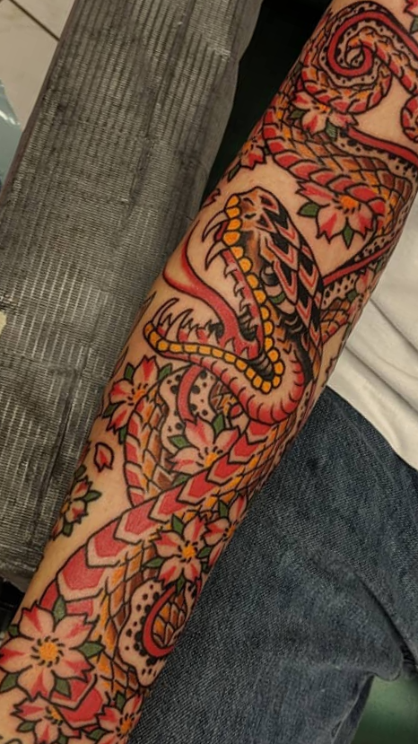 Snake and Cherry Blossom Tattoo