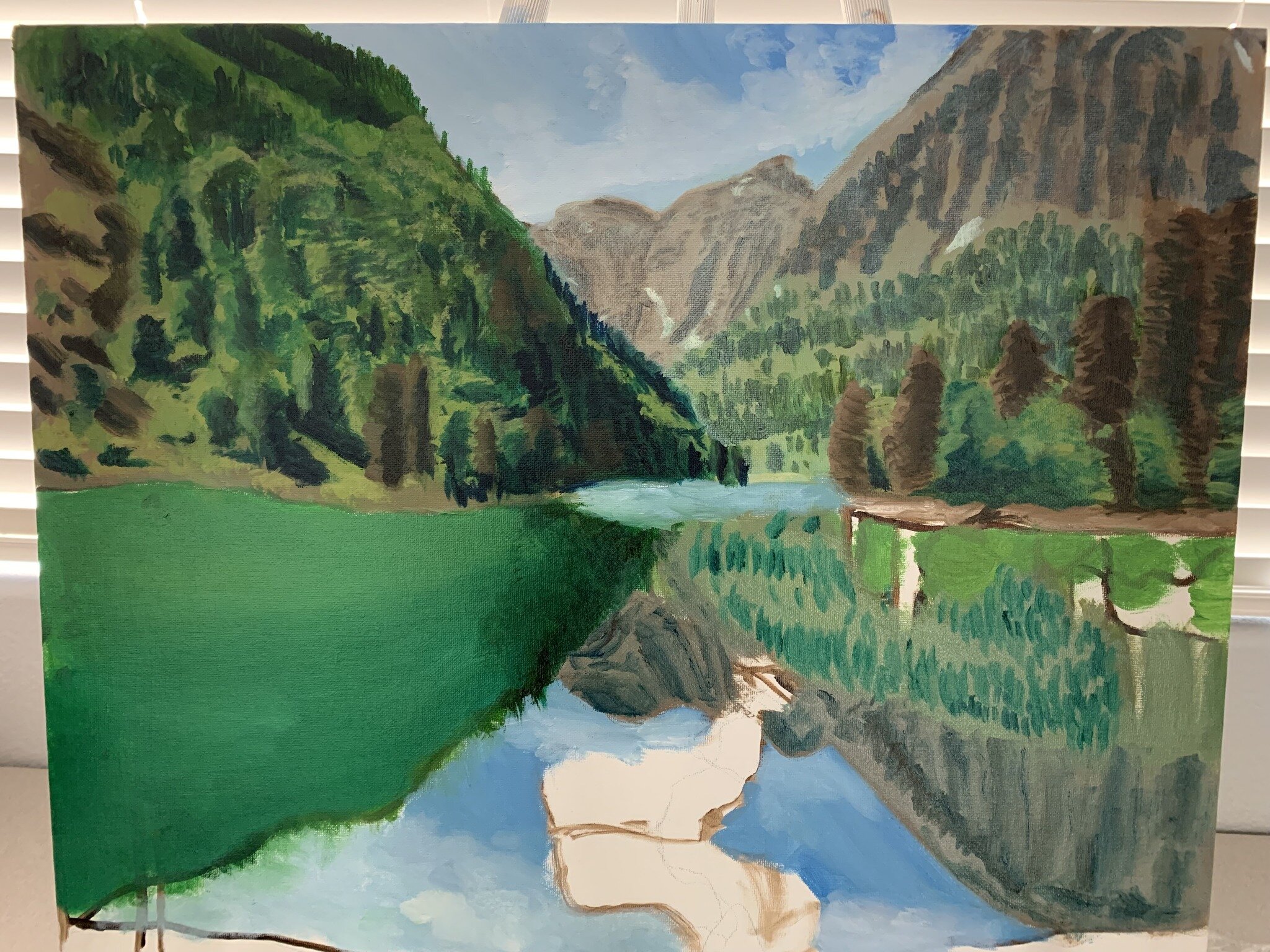 Exciting news! I've just finished the background reflection in the water of the oil painting featuring a majestic mountain with an elk in the water. The reflection adds a beautiful symmetry to the piece, creating a stunning visual effect that truly c