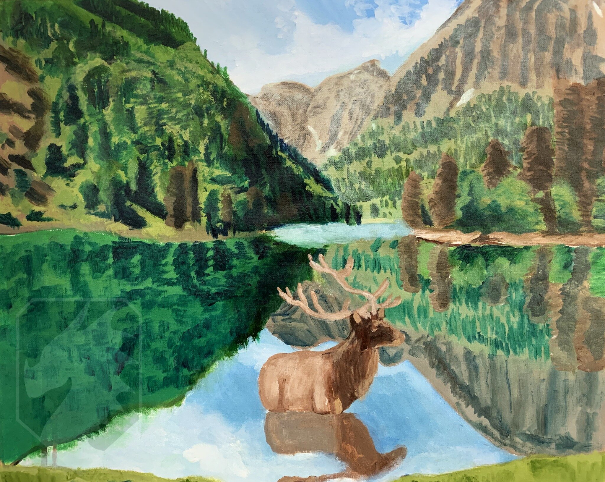Take a look at this stunning oil painting I created of a mountain landscape with an elk in a lake! I'm selling this one-of-a-kind piece, and it would make a great addition to any art collection. If you're interested in purchasing it, send me a messag