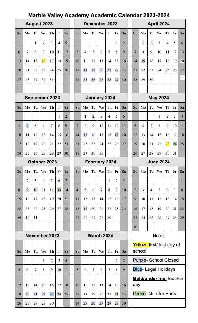 Academic Calendars — El Dorado Hills Preschool, K-12 Marble Valley Academy Summer School