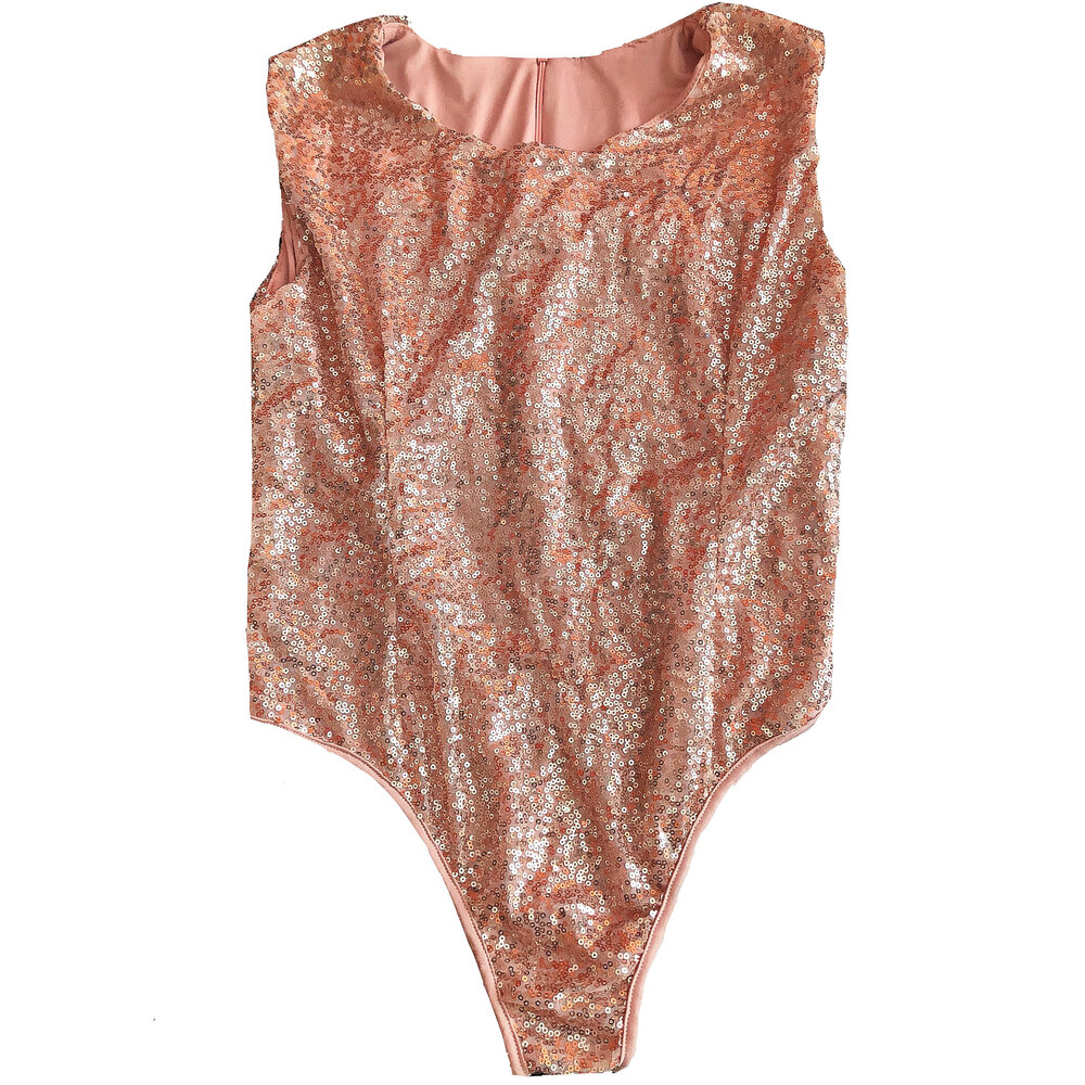 Sleeveless Rose Gold Scoop Neck Bodysuit with Sequins — Styled by