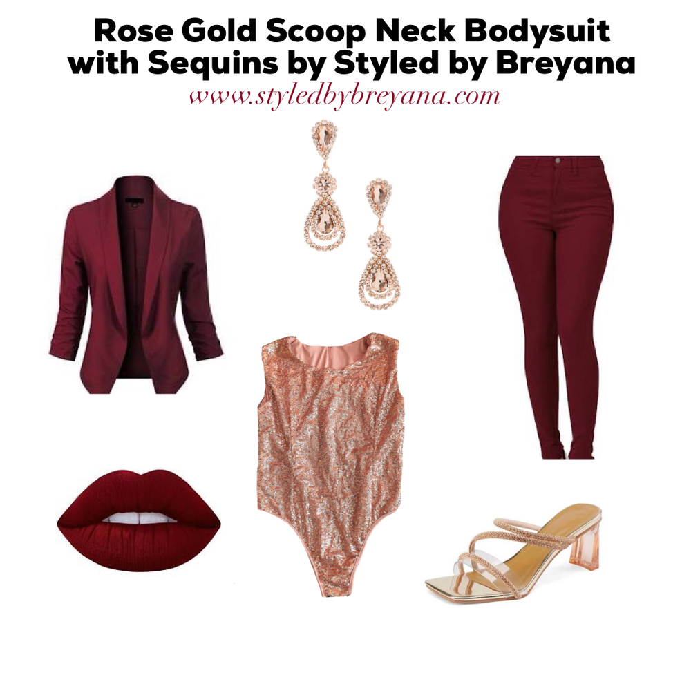 Sleeveless Rose Gold Scoop Neck Bodysuit with Sequins — Styled