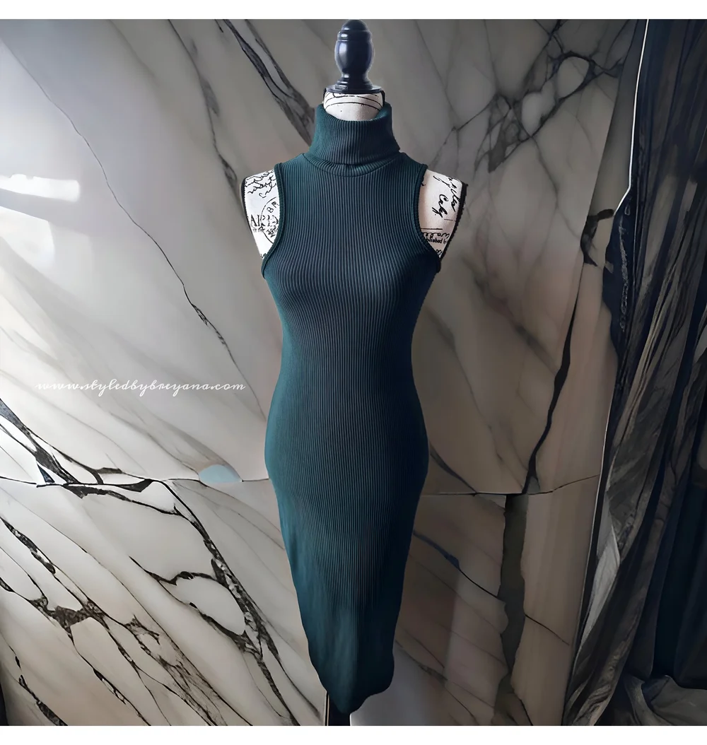 Eliana Ribbed Turtleneck Dress | Midi Length | Hunter Green Eliana Ribbed Turtleneck Dress | Midi Length | Hunter Green