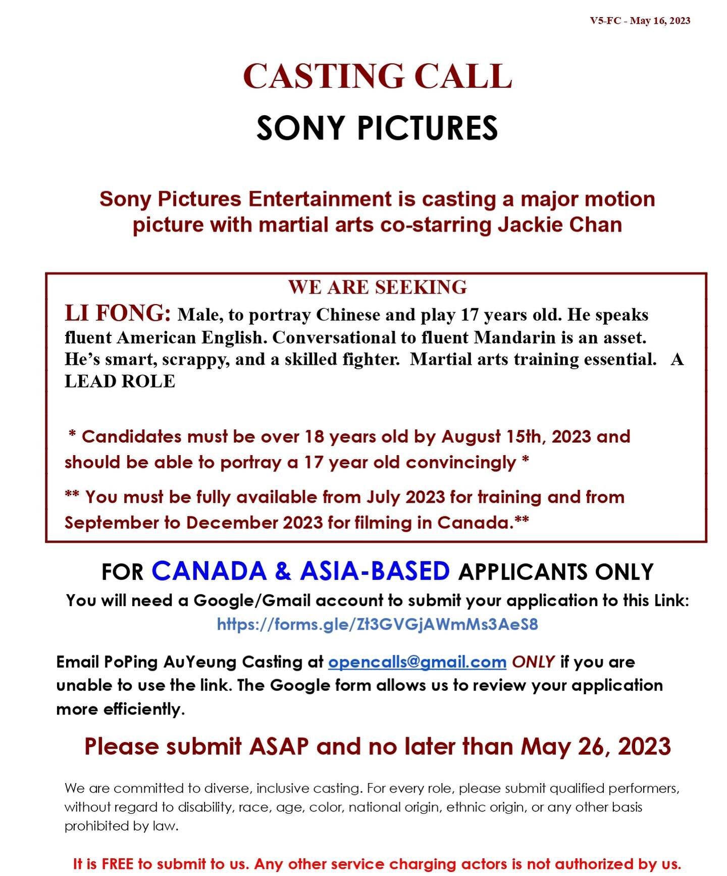 FOR APPLICANTS BASED IN CANADA AND ASIA ONLY.
Please direct inquiries to @popingcasting and not CAPE.

Sony Pictures Entertainment is casting a major motion picture with martial arts co-starring Jackie Chan.

Casting Director - Canada/Asia:  PoPing A