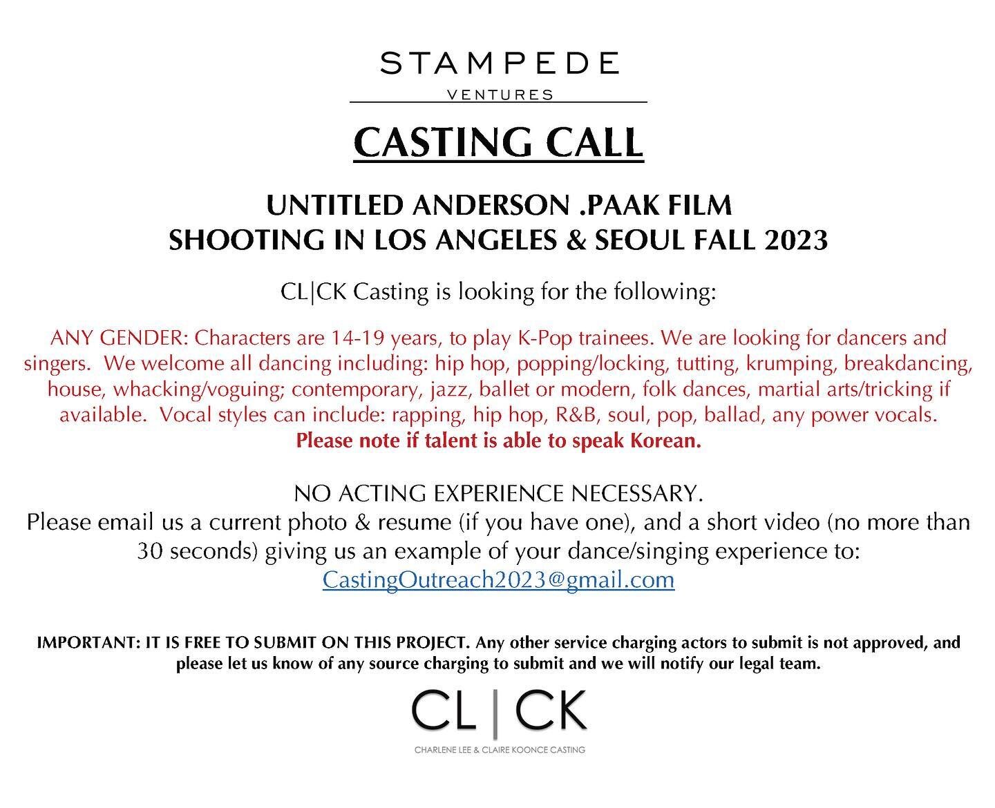 [CAPE is not involved and is only sharing this call on behalf of CK|CL Casting. Please direct all inquiries to CastingOutreach2023@gmail.com.]

CASTING CALL
 
UNTITLED @ANDERSON._PAAK SHOOT ING LOS ANGELES &amp; SEOUL FALL 2023
 
CL|CK Casting is loo