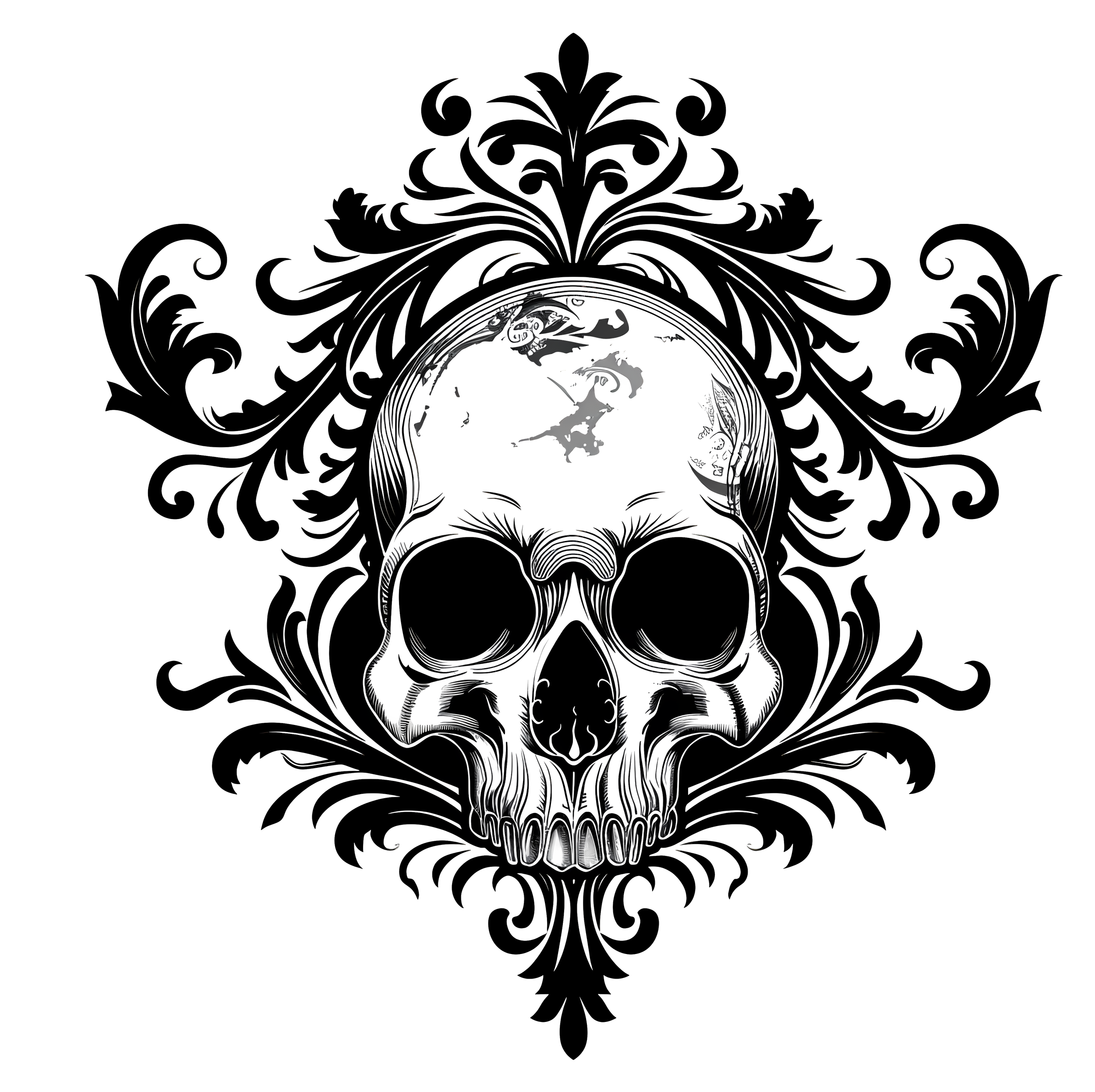 black and white skull and gothic flourish illustration