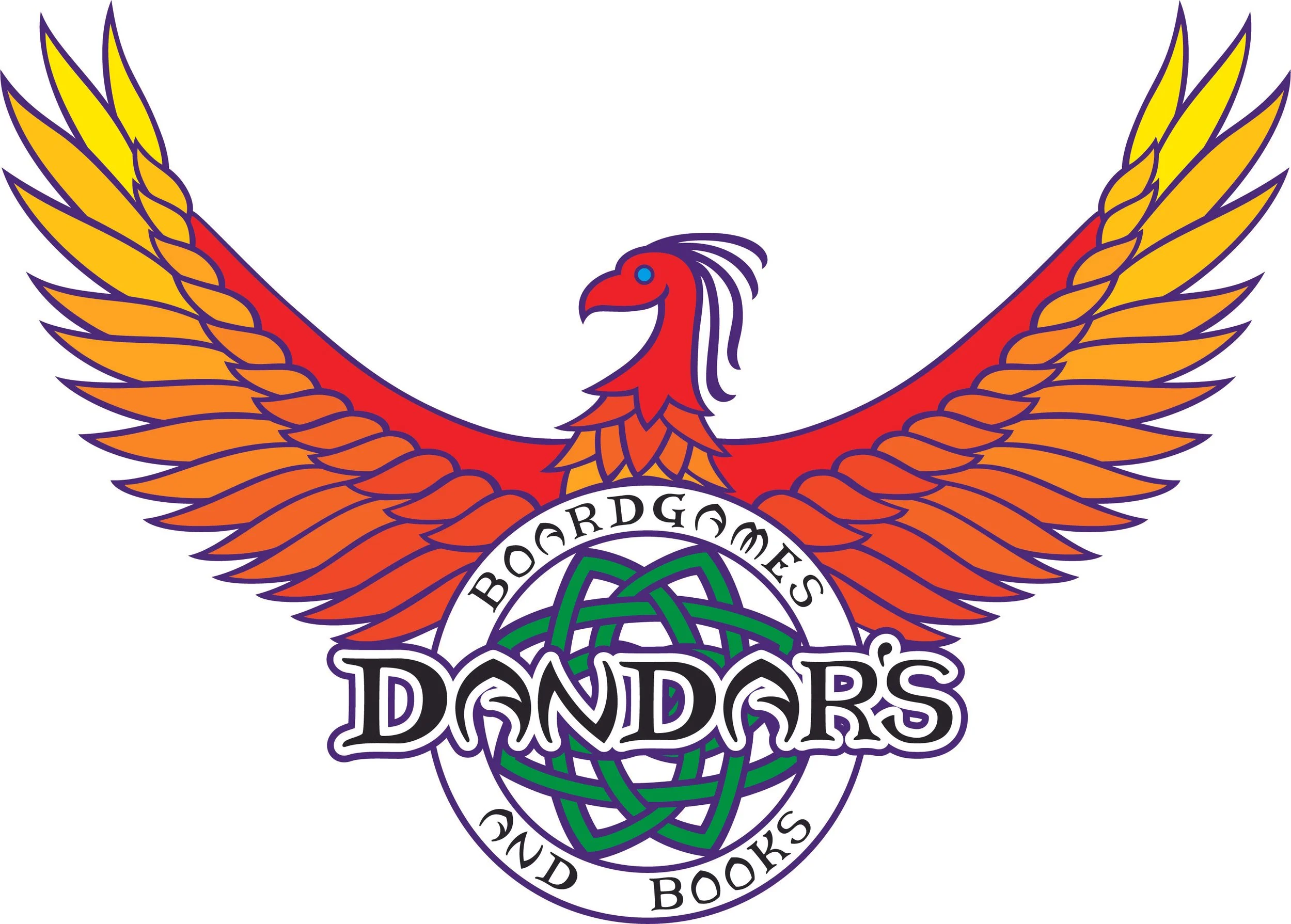 stylized phoenix bird rising over Dandar's Boardgames and Books logo