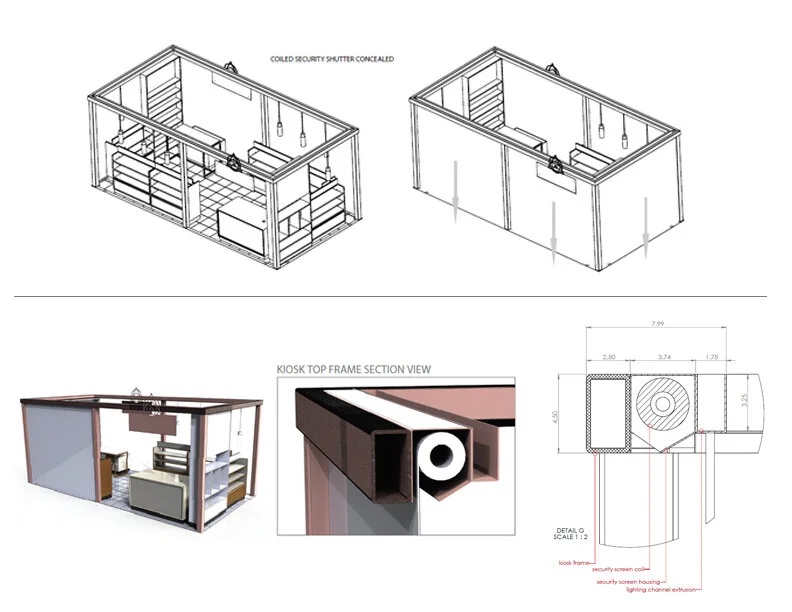  An integrated “security curtain” used to close shop when not in use. A coiled screen was securely nestled in the cross bar of the overall frame. The client appreciated how this design hid the element when not in use.  