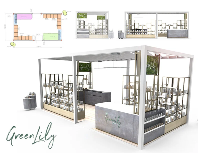  Due to the success of the Seventh Sense kiosk, Green Growth Brands requested if they could see how  could this design could be leveraged with their other brands. Pictured above is an overlay for their Green Lily brand. 