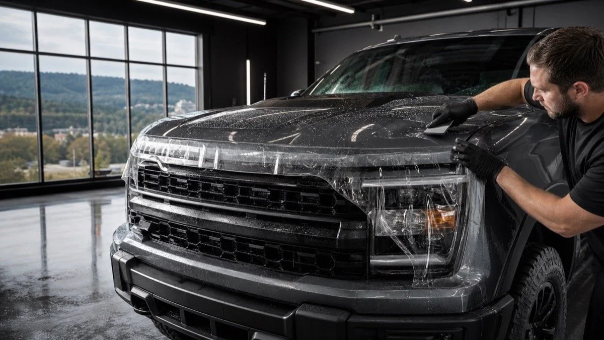 A person applying a protective film to the front of a black pickup truck in a garage with large windows and a view of a cityscape and green hills outside.