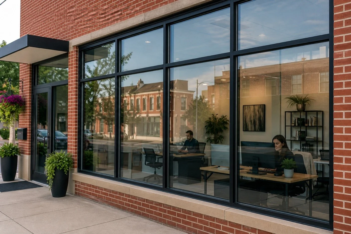 Commercial storefront with optically clear safety and security window film installed on large glass panels.