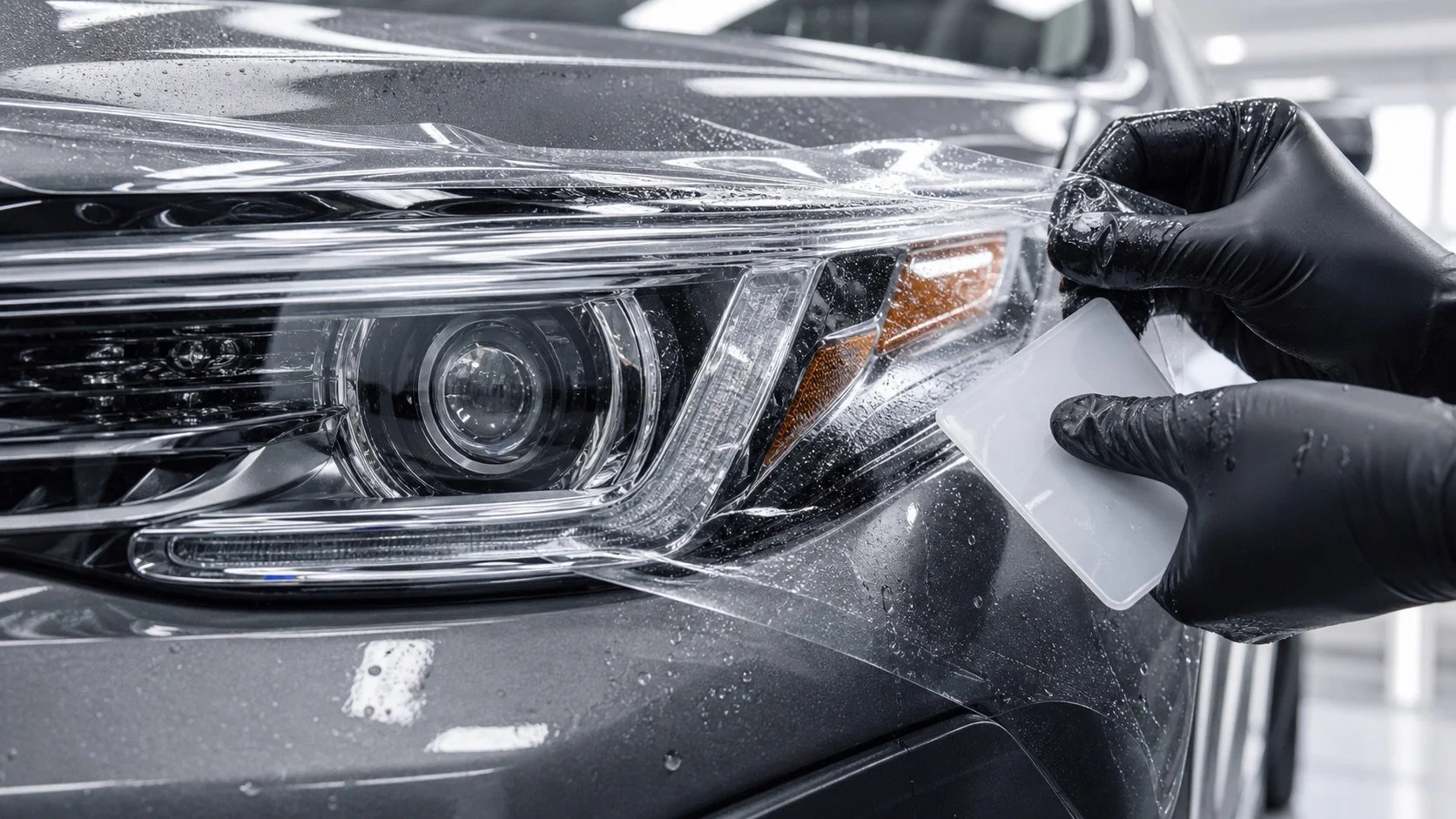 Clear protection film being applied to a vehicle headlight