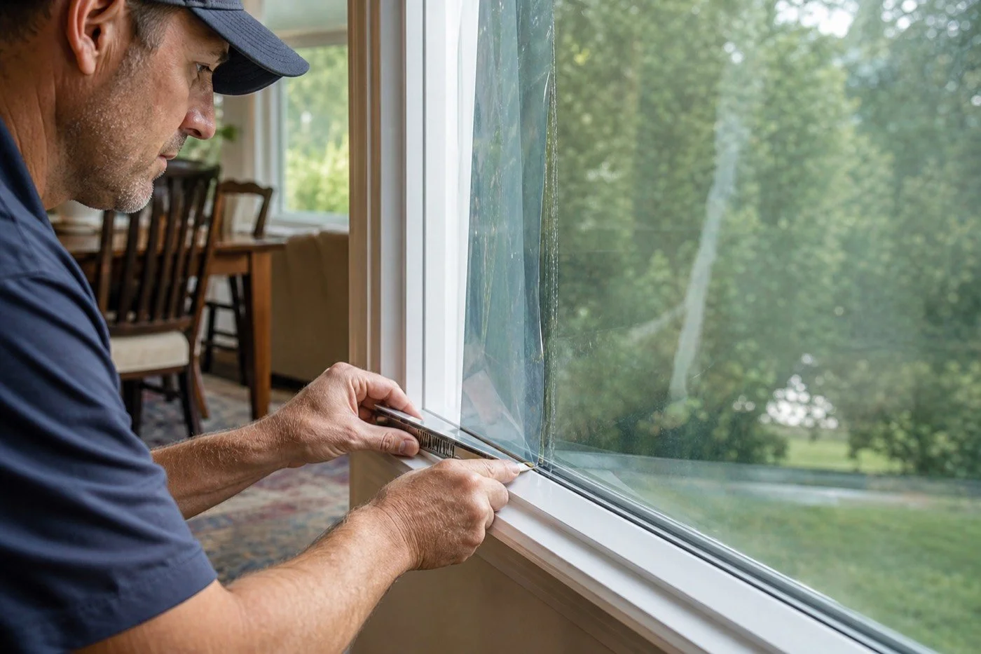 Professional installer precision-trimming residential window film along the window frame.