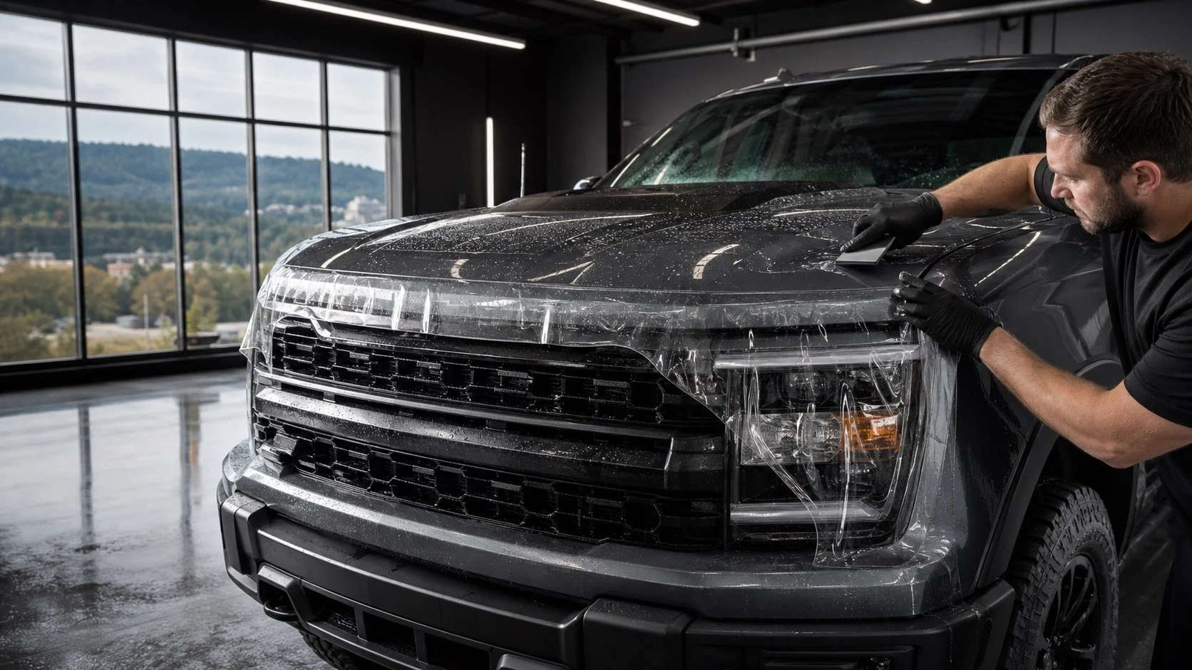 Truck paint protection film installation in a Pittsburgh area shop