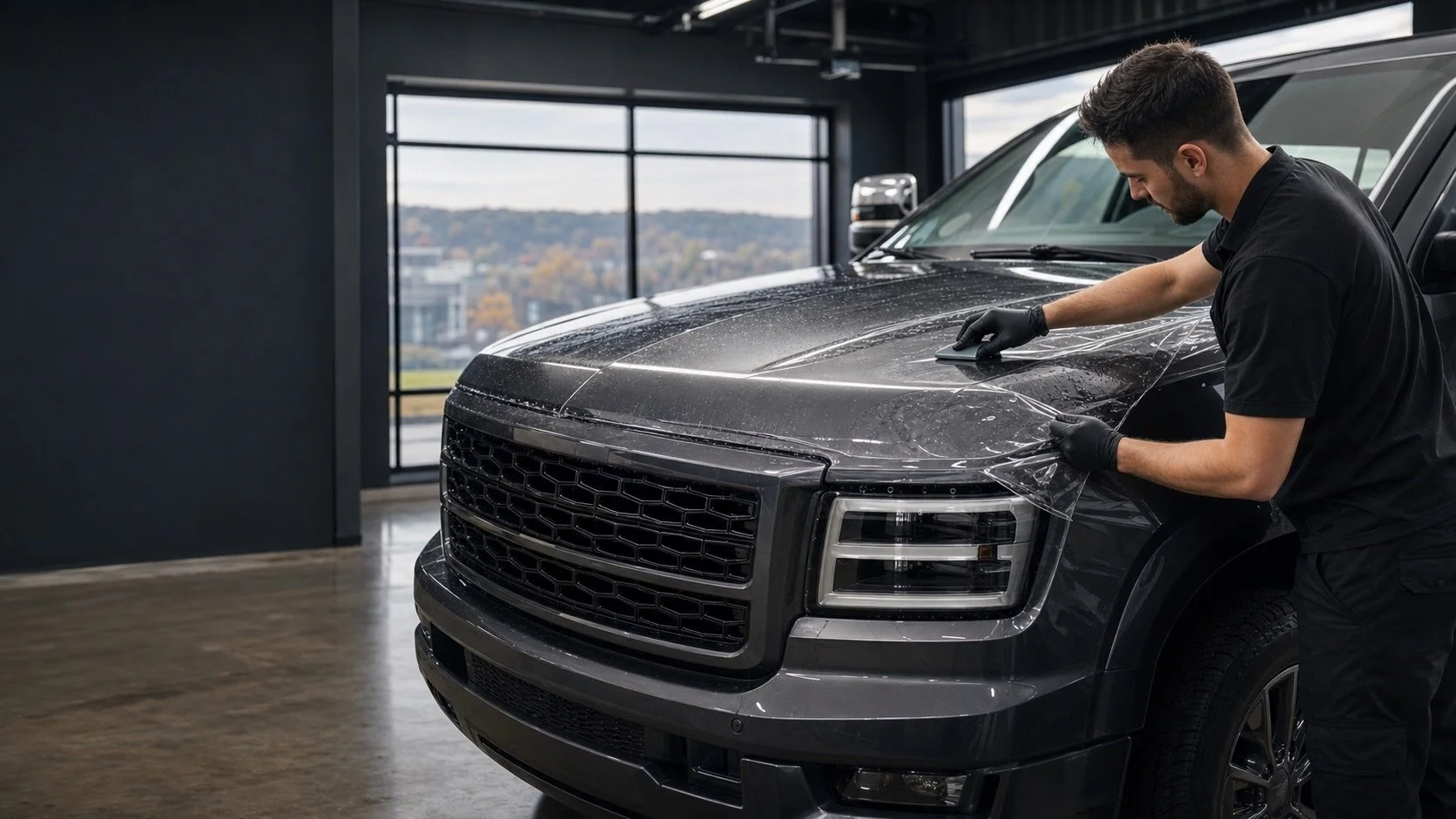 Installer applying clear paint protection film to a luxury SUV in a Pittsburgh area shop