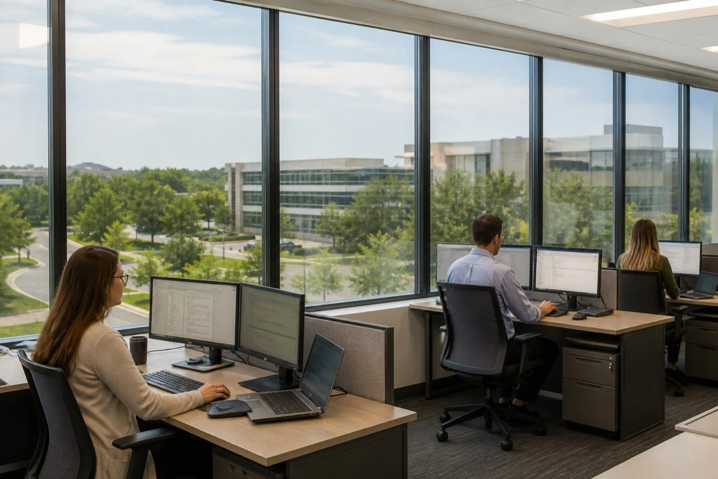 Office with three employees working at desks in front of large window overlooking a parking lot and trees.