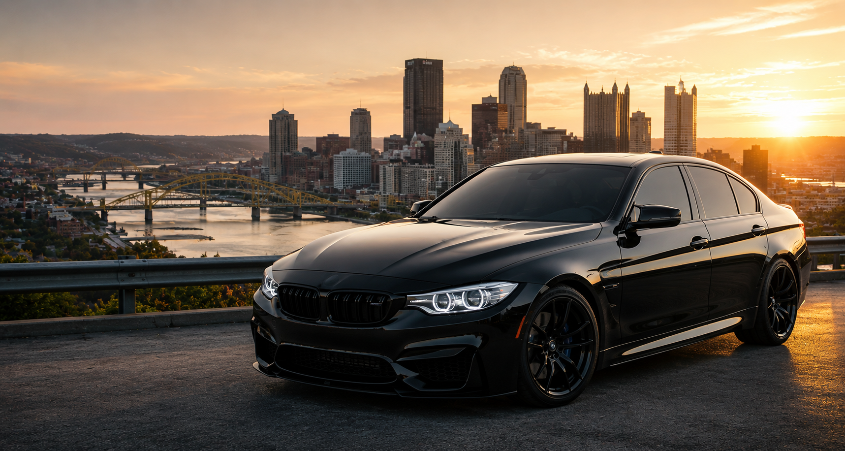 Black luxury sedan with XPEL and 3M ceramic automotive window tint overlooking the Pittsburgh skyline at sunset.