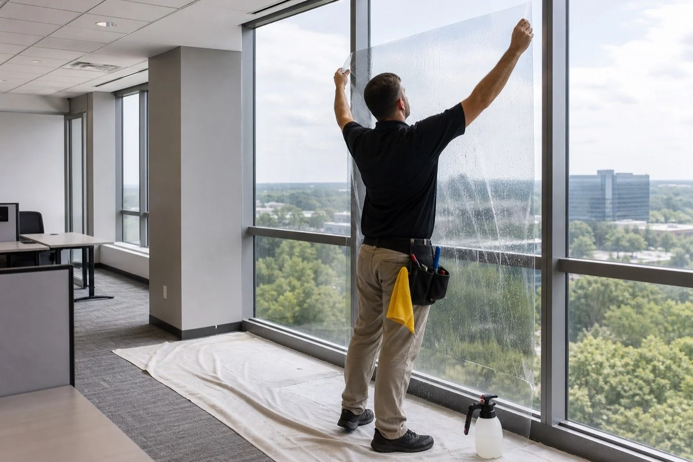 Professional installer applying window film inside a street-level retail storefront.